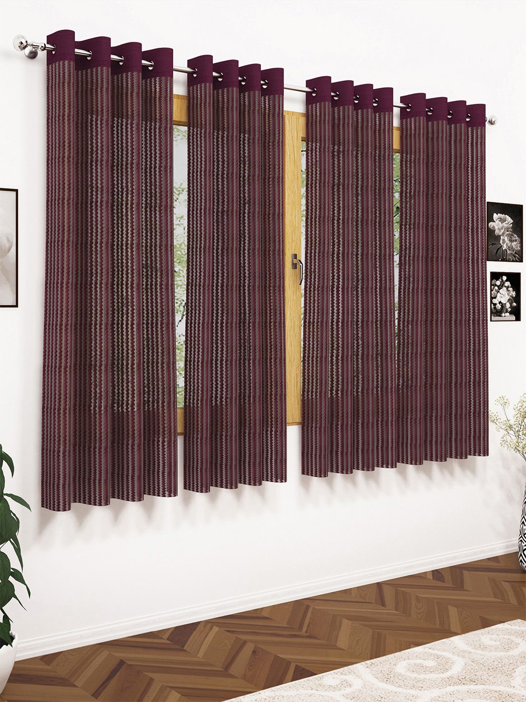 Story@home Burgundy Set of 4 Striped Sheer Window Curtains Price in India