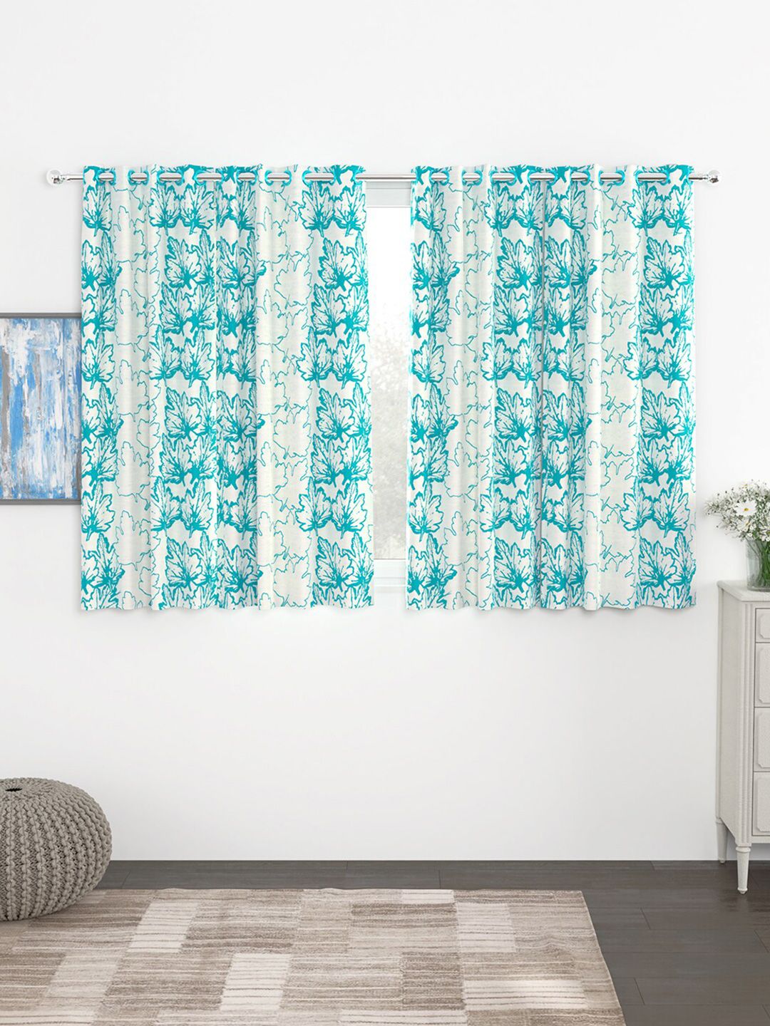 Story@home Turquoise Blue & White Set of 4 Floral Window Curtain Price in India