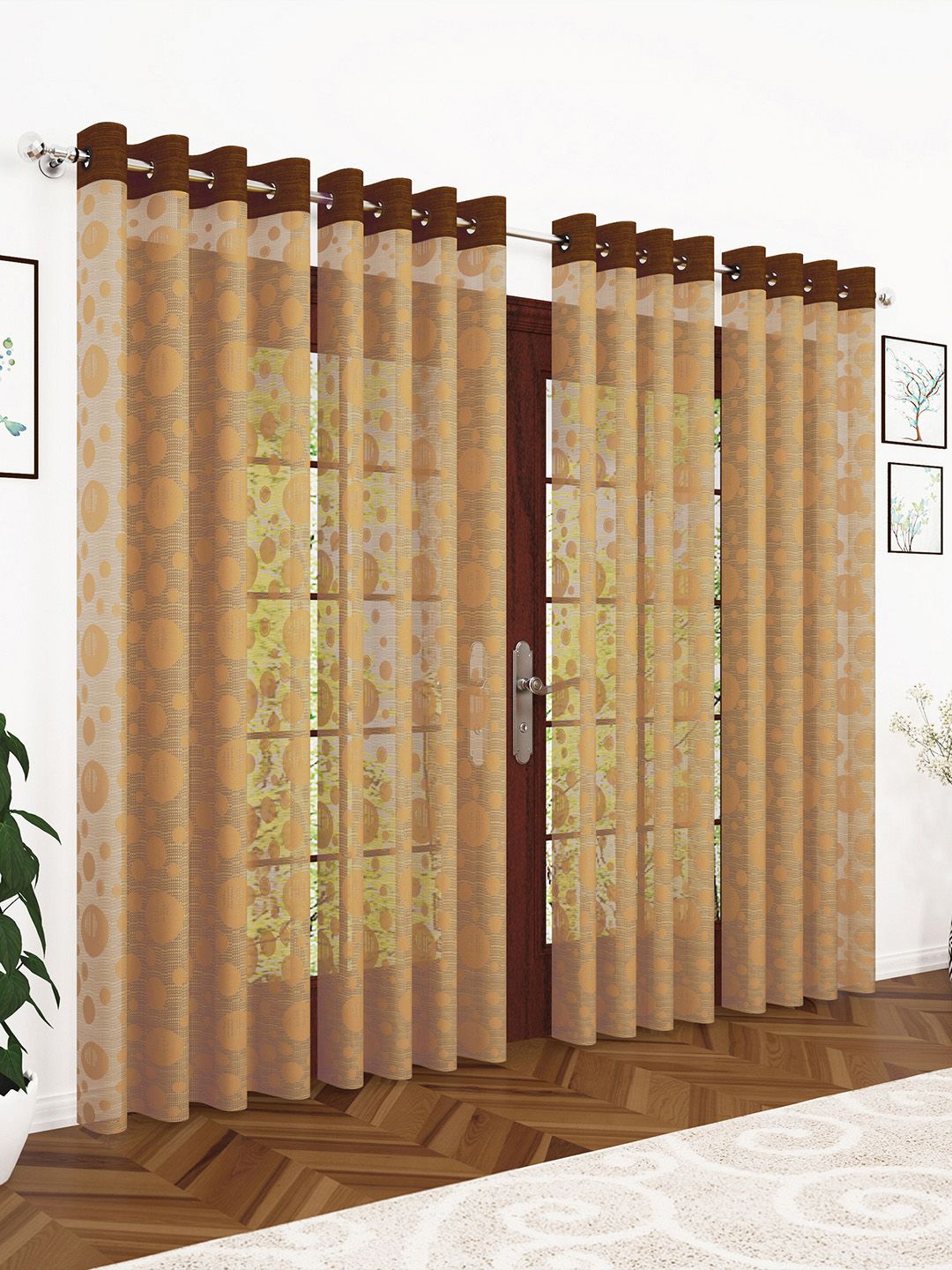 Story@home Set of 4 Brown & Beige Geometric Sheer Long Door Curtain Price in India