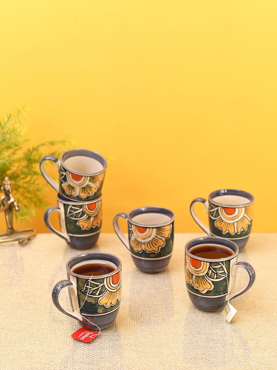 AAKRITI ART CREATIONS Grey & Orange Set of 6 Hand Painted Ceramic Glossy Cups Price in India