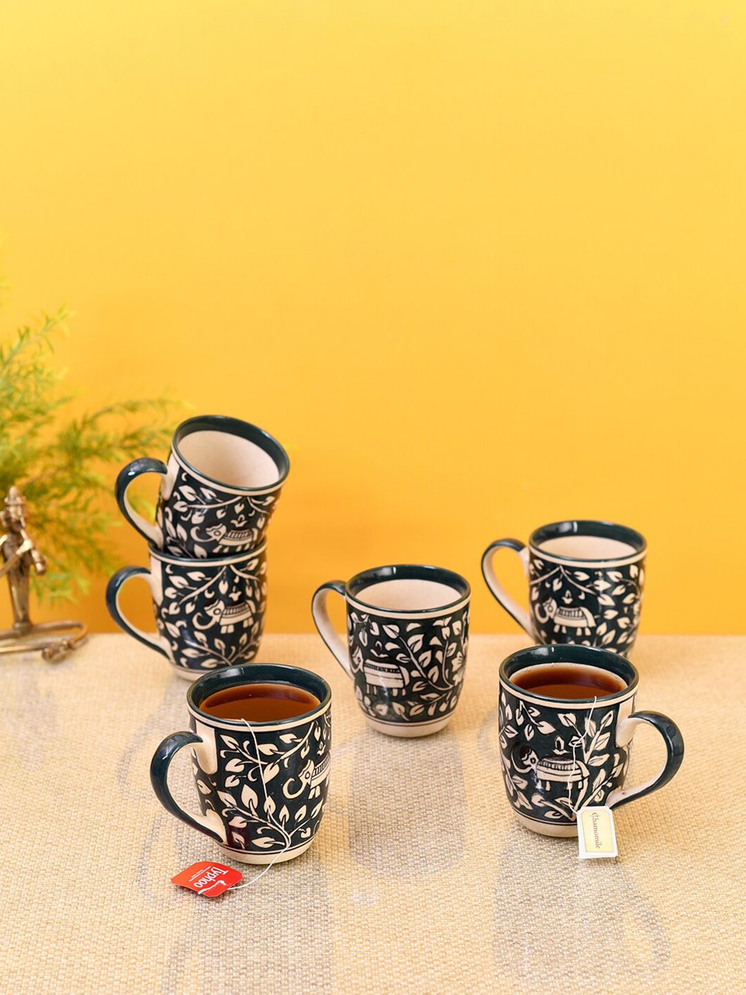 AAKRITI ART CREATIONS Set Of 6 Green & Cream-Coloured Printed Ceramic Matte Mugs Price in India