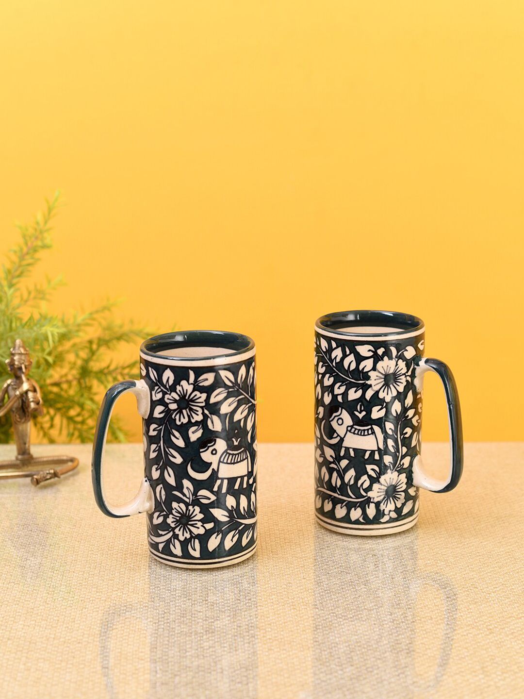 AAKRITI ART CREATIONS Green & Beige Set of 2 Ethnic Motifs Printed Ceramic Glossy Mugs Price in India