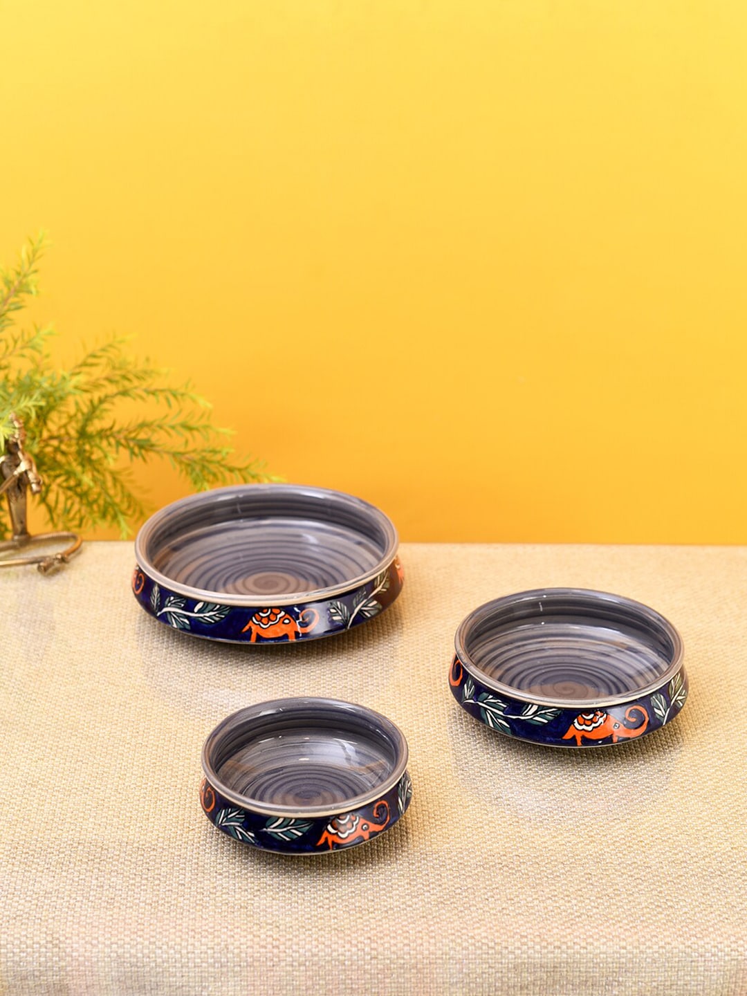 AAKRITI ART CREATIONS Blue & Orange Set Of 3 Hand Painted Ceramic Glossy Serving Bowls Set Price in India