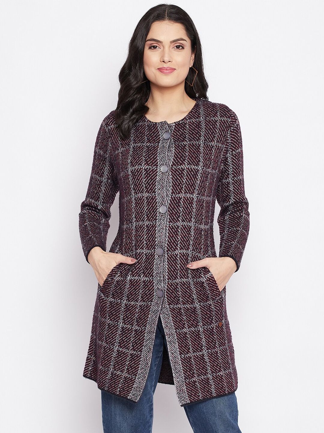 Duke Women Red & Grey Checked Longline Sweater Vest Price in India