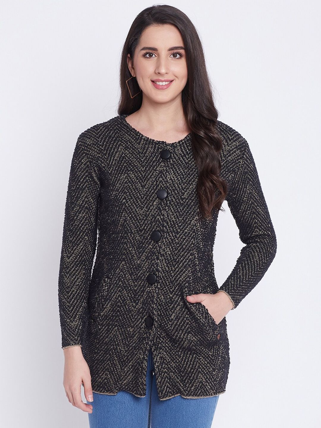 Duke Women Black & Gold-Toned Self-Design Woolen Longline Cardigan Price in India