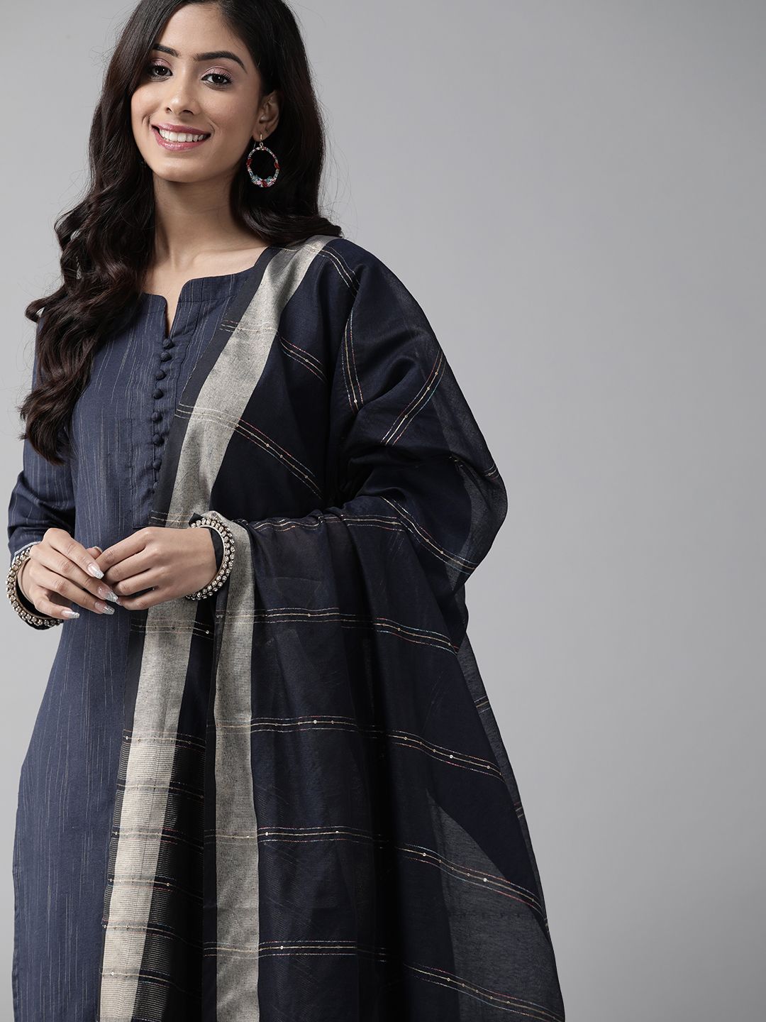 Indo Era Women Navy Blue Kurta with Palazzos & With Dupatta Price in India