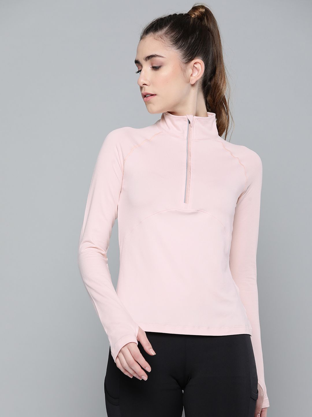 Fitkin Women Pink Solid High Neck Training T-shirt Price in India