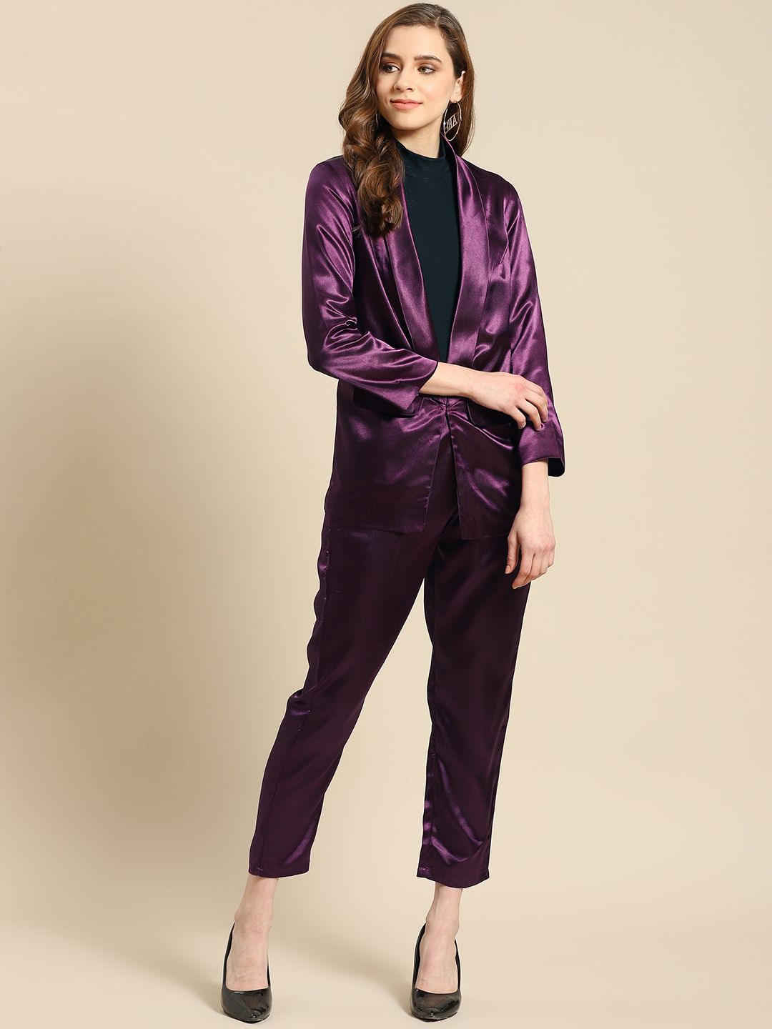 MABISH by Sonal Jain Women Purple Solid Satin Finish Co-Ords