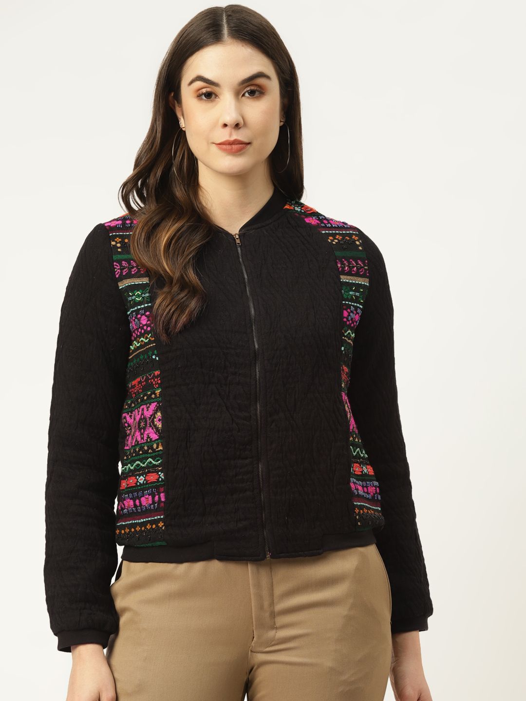 urSense Women Black Geometric Tailored Jacket with Embroidered Detail Price in India