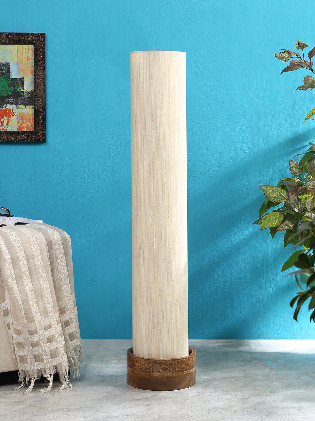 Devansh Off White Khadi Cotton Round Natural Wood Floor Lamps Price in India