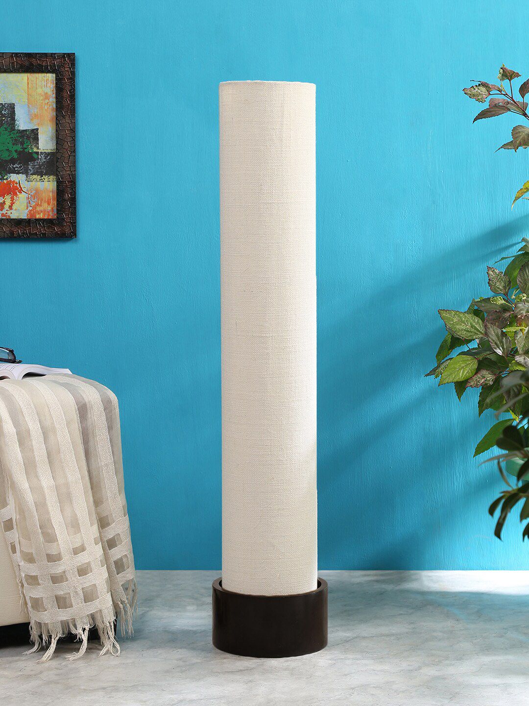 Devansh White Jute Round Wood Floor Lamp Price in India