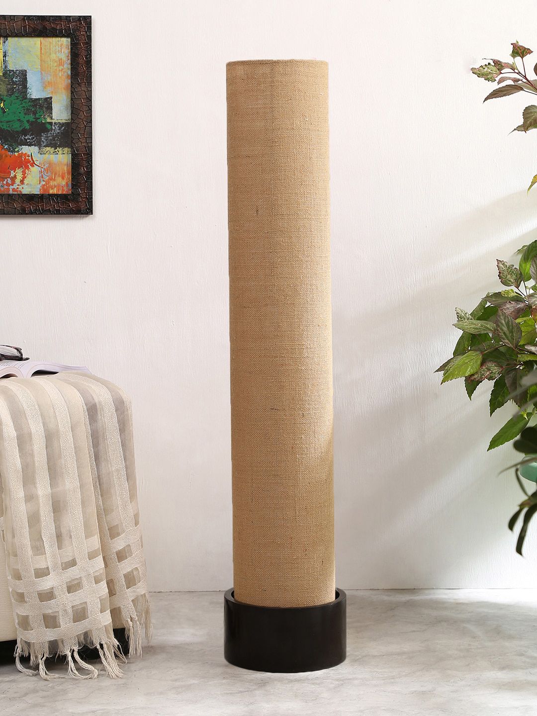 Devansh Unisex Beige Jute Round Brown Wood Floor Lamps Price in India