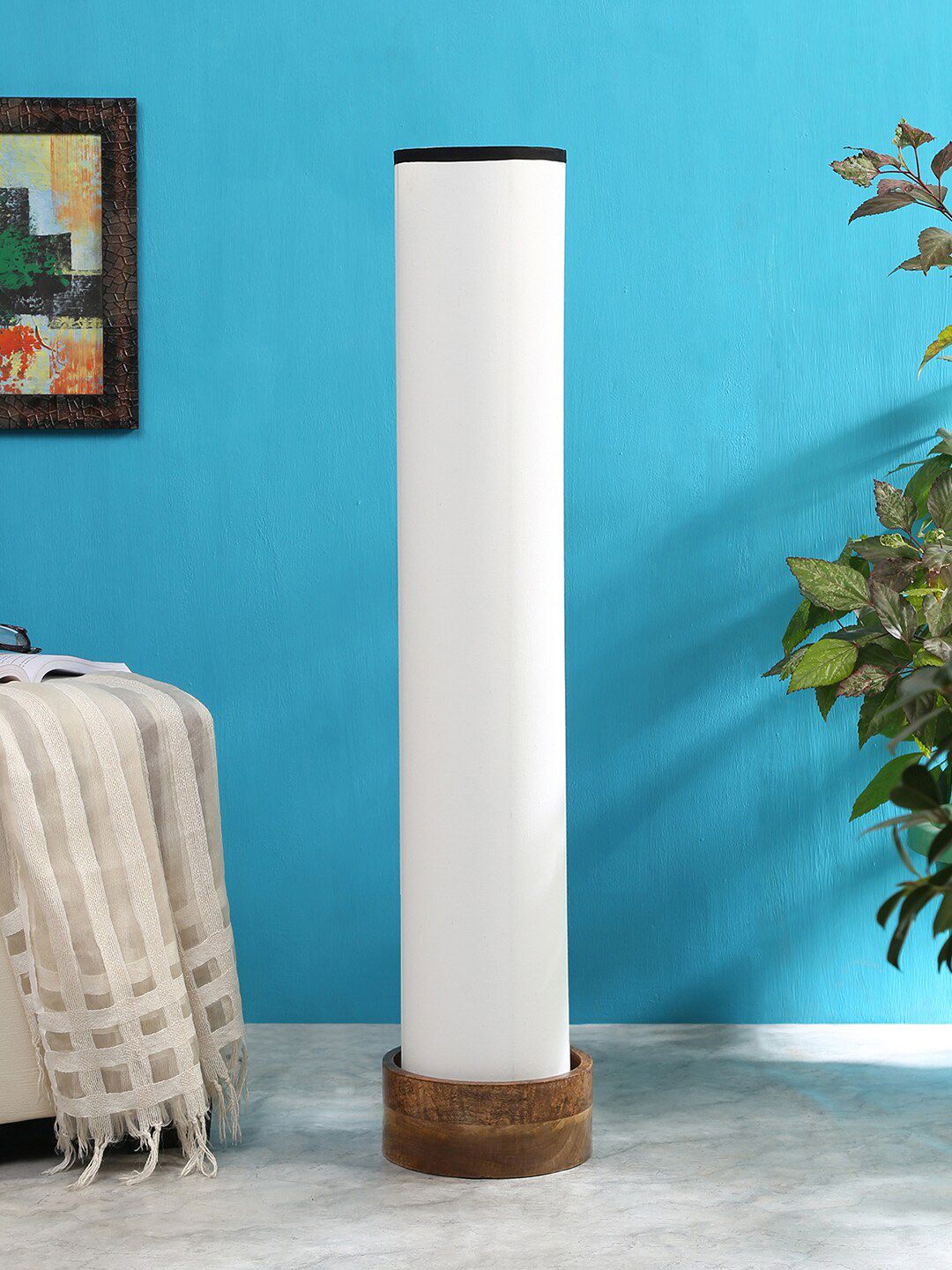 Devansh White & Black Cylindrical Cotton Natural Wood Floor Lamp Price in India