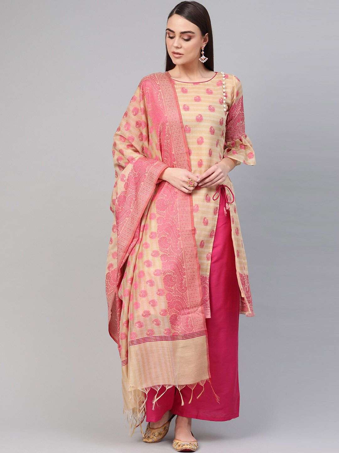 Chhabra 555 Beige & Pink Unstitched Dress Material Price in India