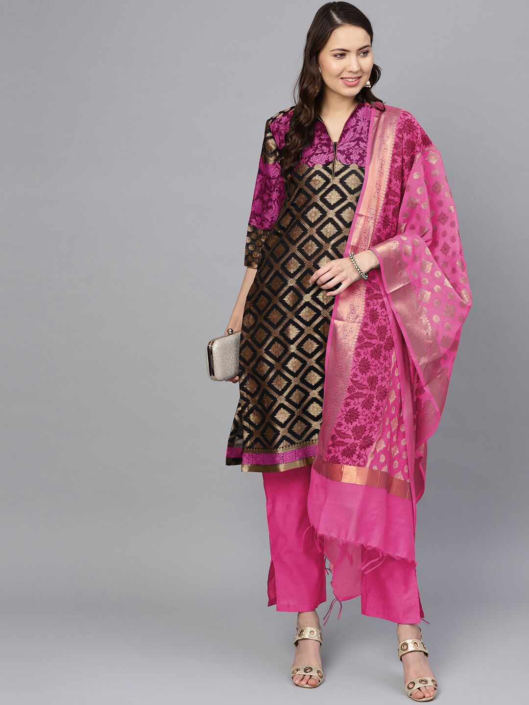 Chhabra 555 Pink & Black Art Silk Unstitched Dress Material