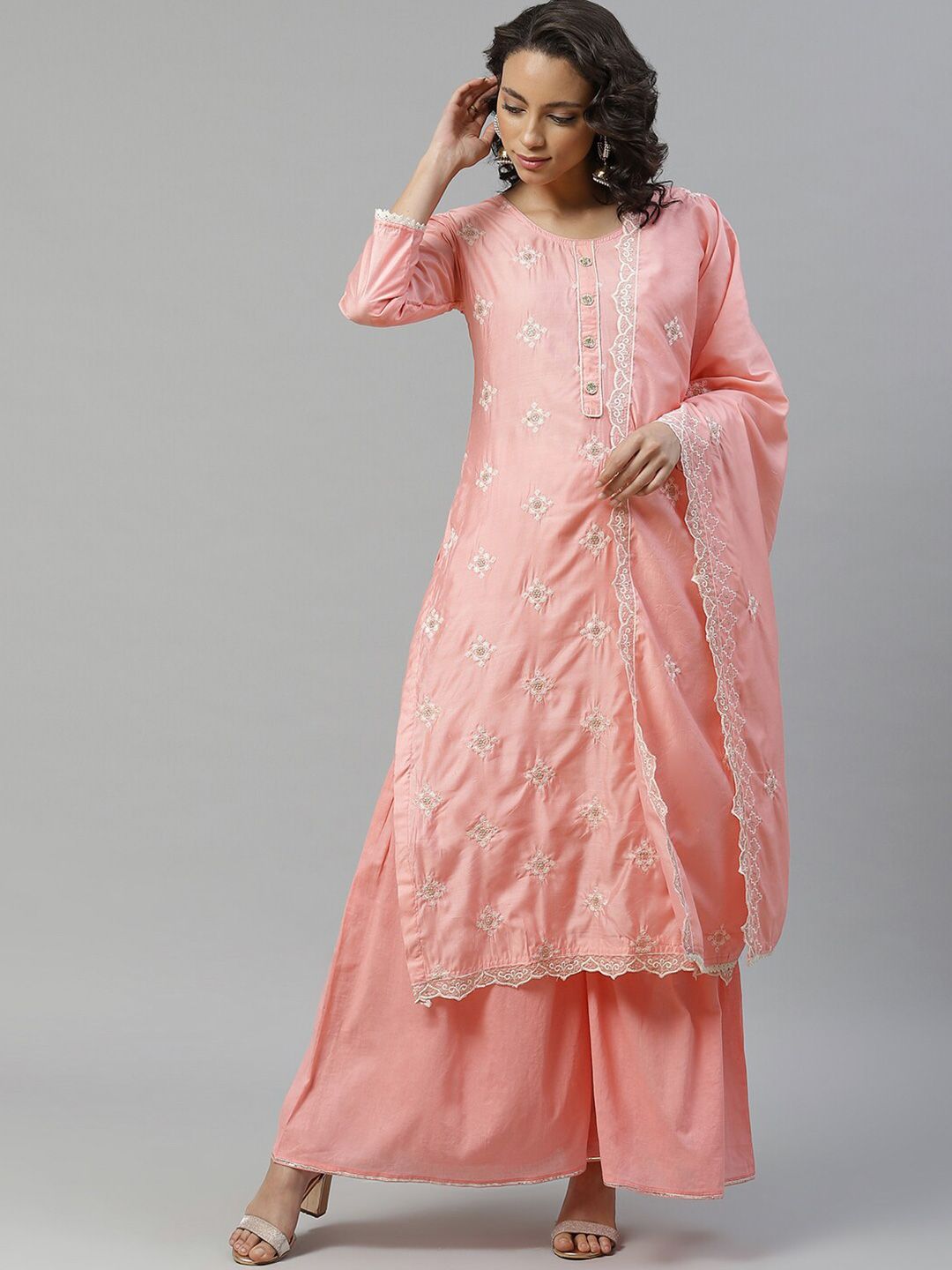 Chhabra 555 Pink & Gold-Toned Embroidered Unstitched Dress Material With Dupatta Price in India