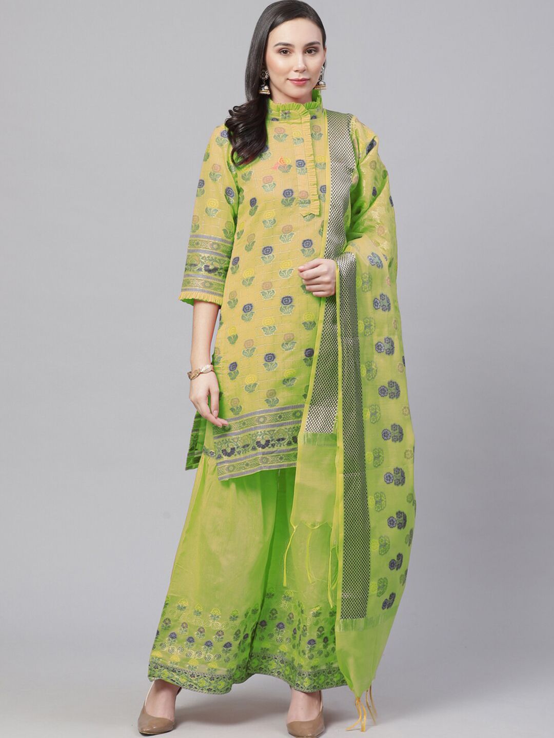 Chhabra 555 Lime Green & Blue Unstitched Dress Material Price in India