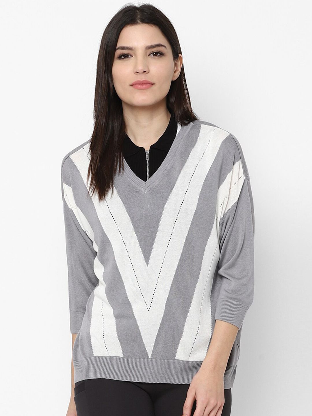 Allen Solly Woman Grey & White Geometric Printed Pullover Price in India