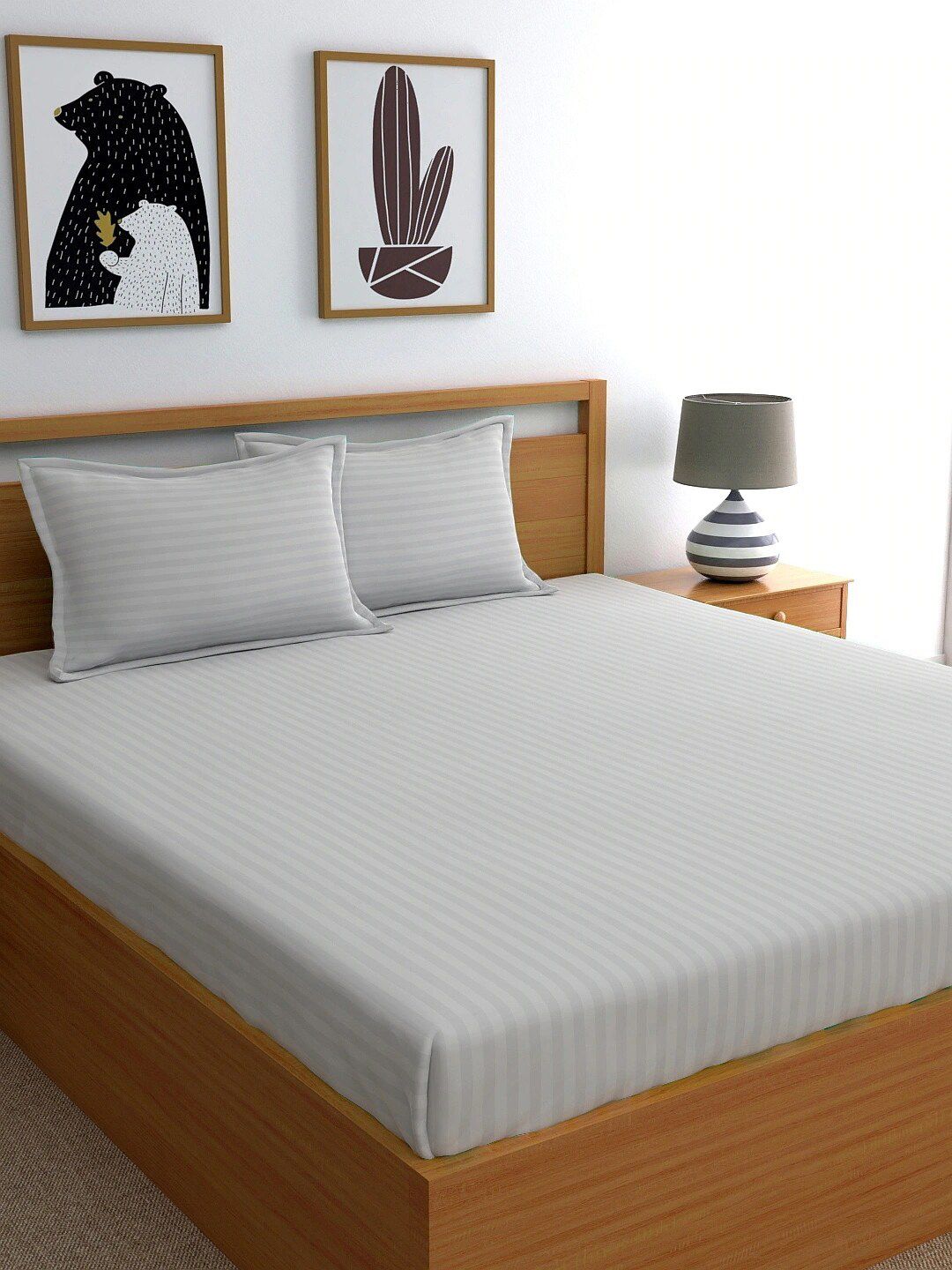 My Room Grey Pure Cotton Striped 300 TC King Bedsheet with 2 Pillow Covers Price in India