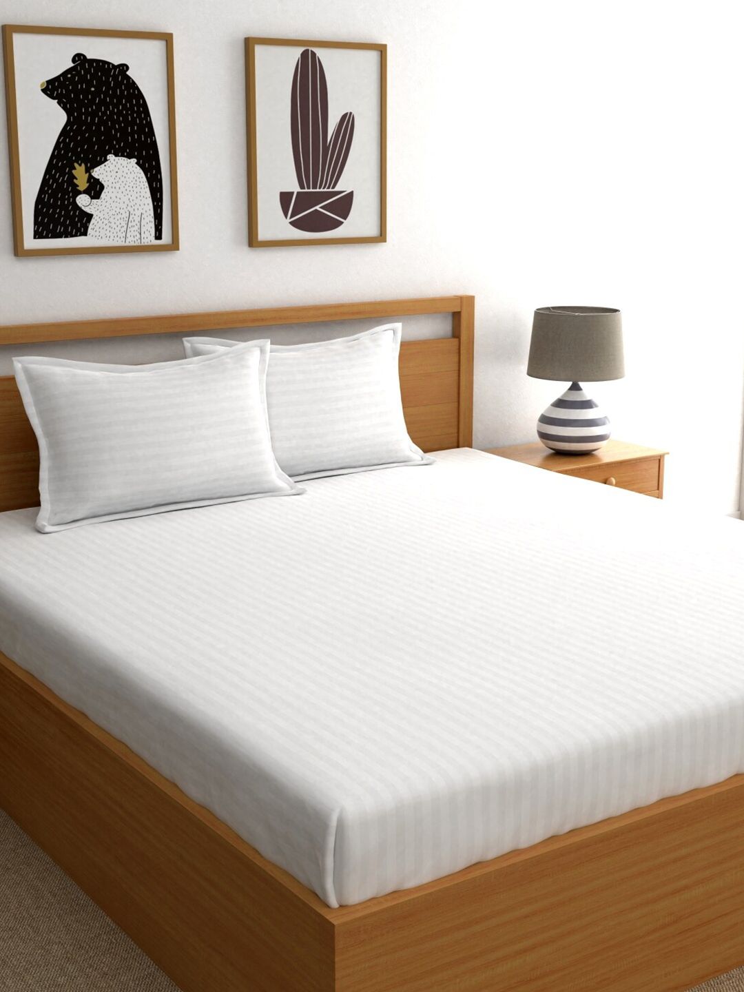 My Room White Striped 300 TC Pure Cotton King Bedsheet with 2 Pillow Covers Price in India