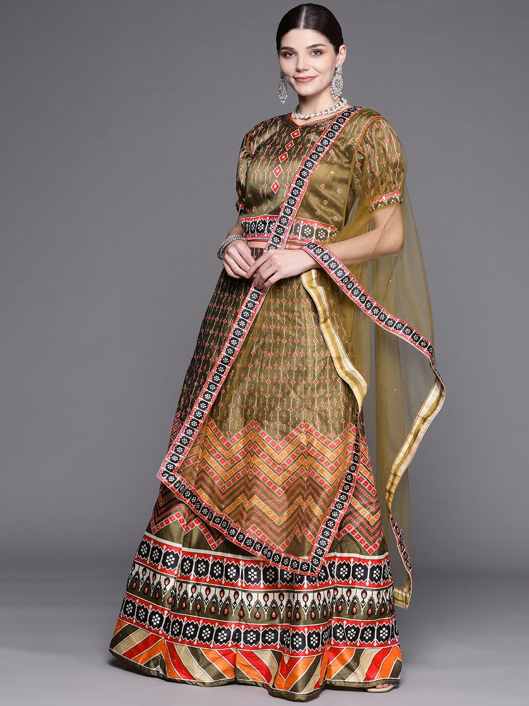 Chhabra 555 Olive Green Printed Mirror Work Ikat Made to Measure Lehenga Choli &Dupatta Price in India