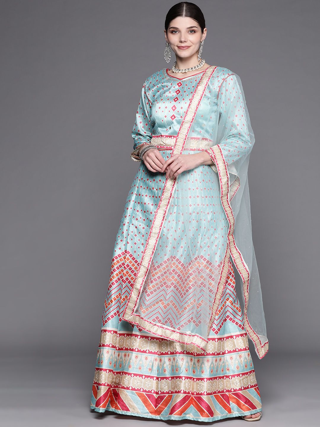 Chhabra 555 Turquoise Blue Printed Mirror Work Ikat Made to Measure Lehenga Choli &Dupatta Price in India