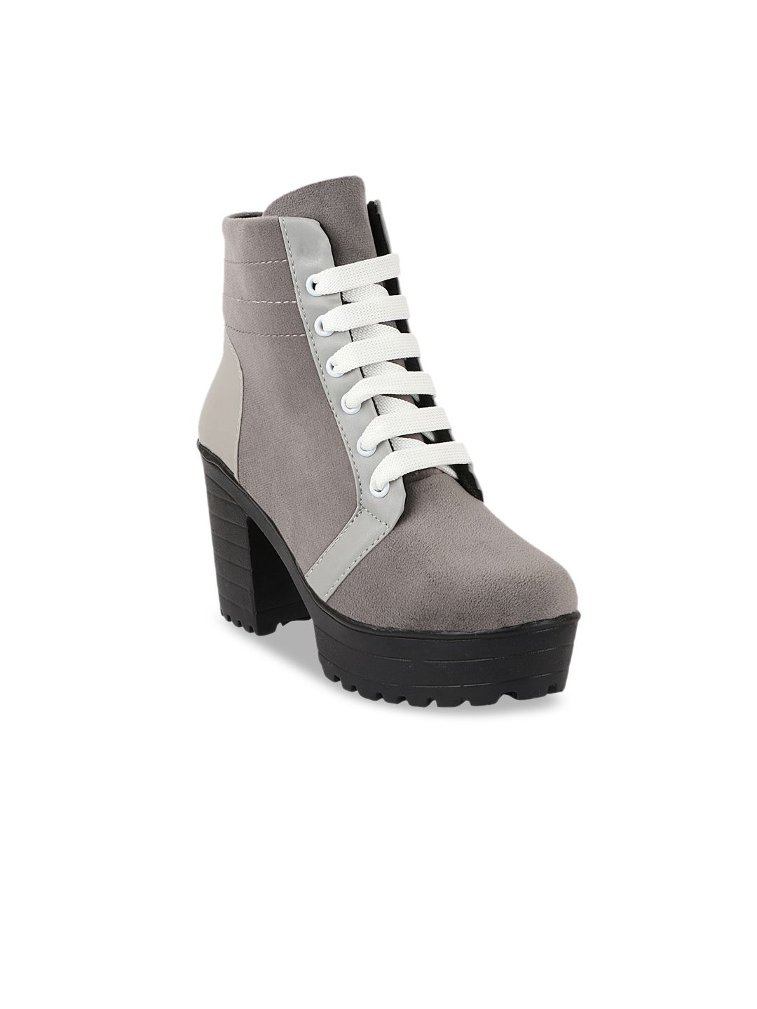 Shoetopia Grey Colourblocked Suede Block Heeled Boots with Laser Cuts Price in India