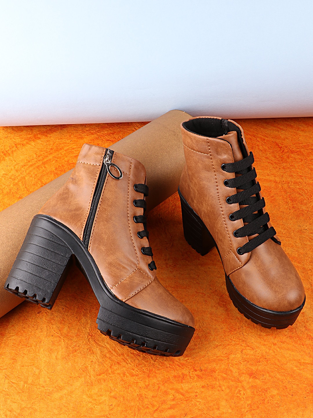 Shoetopia Tan Brown Mid-Top Platform Heeled Boots Price in India