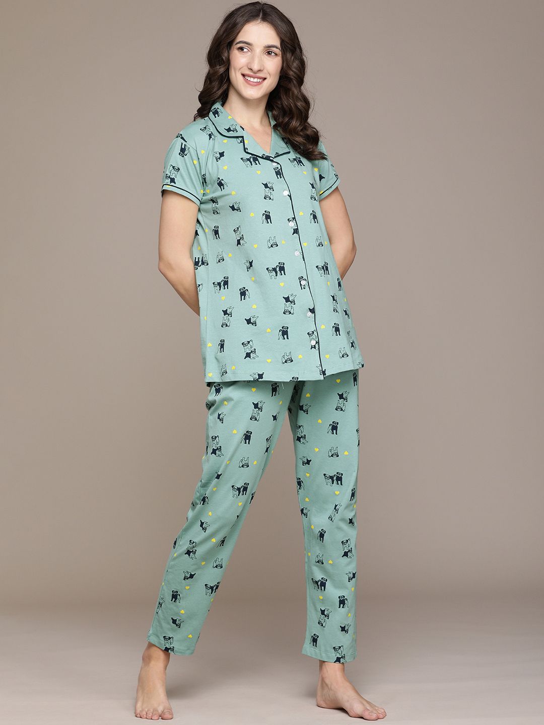 beebelle Women Green & Black Pure Cotton Printed Nightsuit Price in India