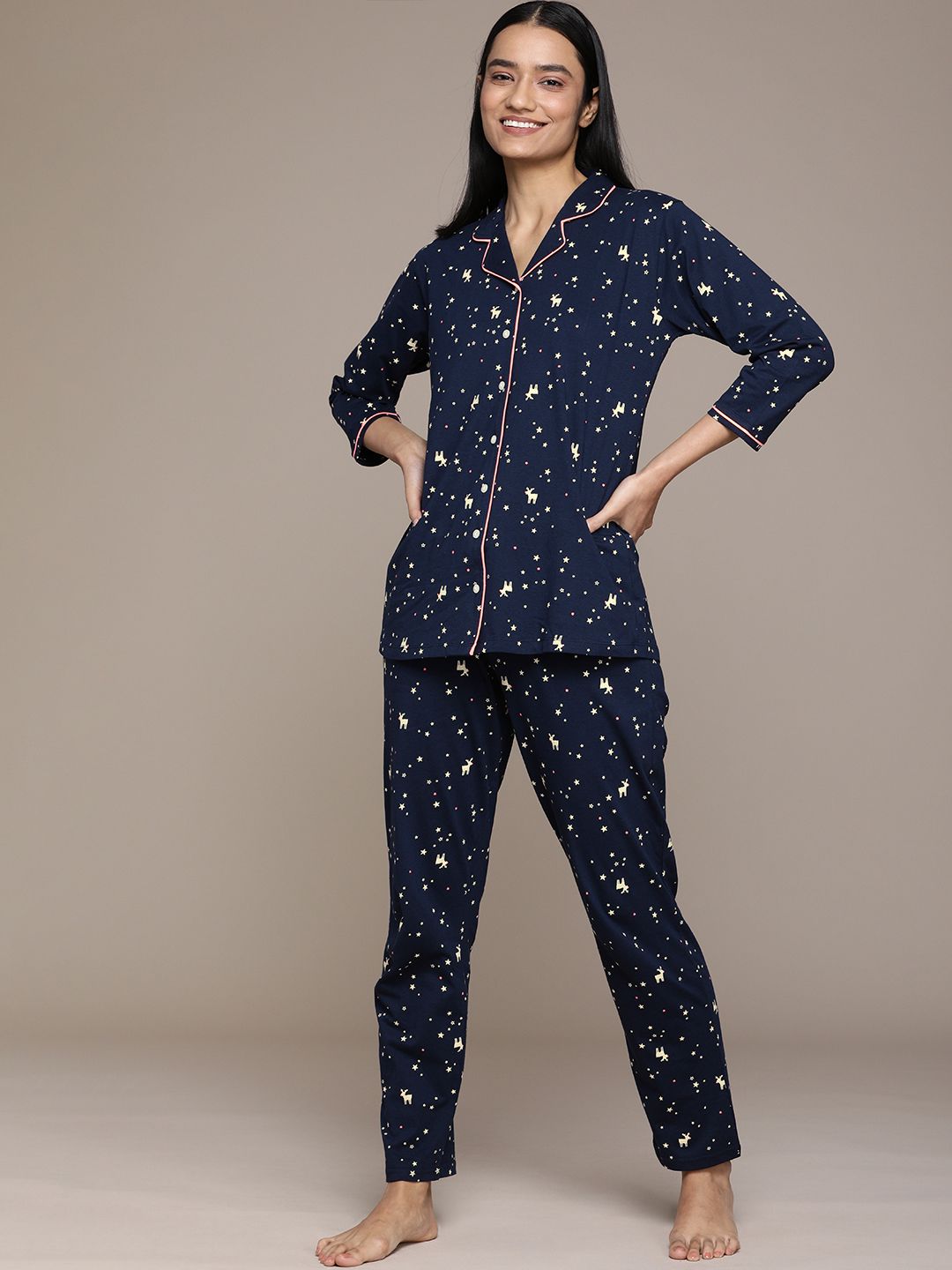 beebelle Women Navy Blue Printed Night suit Price in India