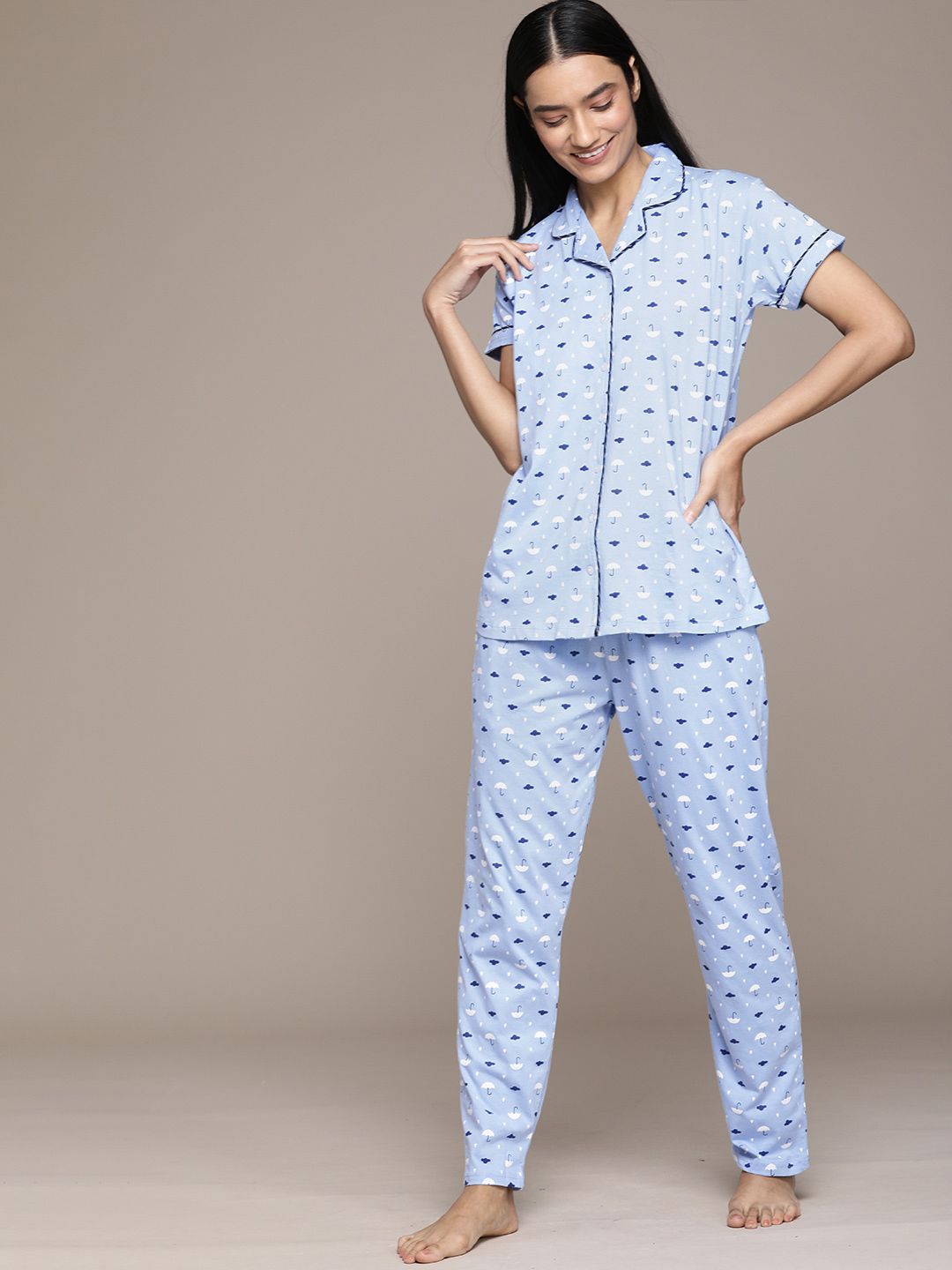 beebelle Women Blue Printed Pure Cotton Night suit Price in India