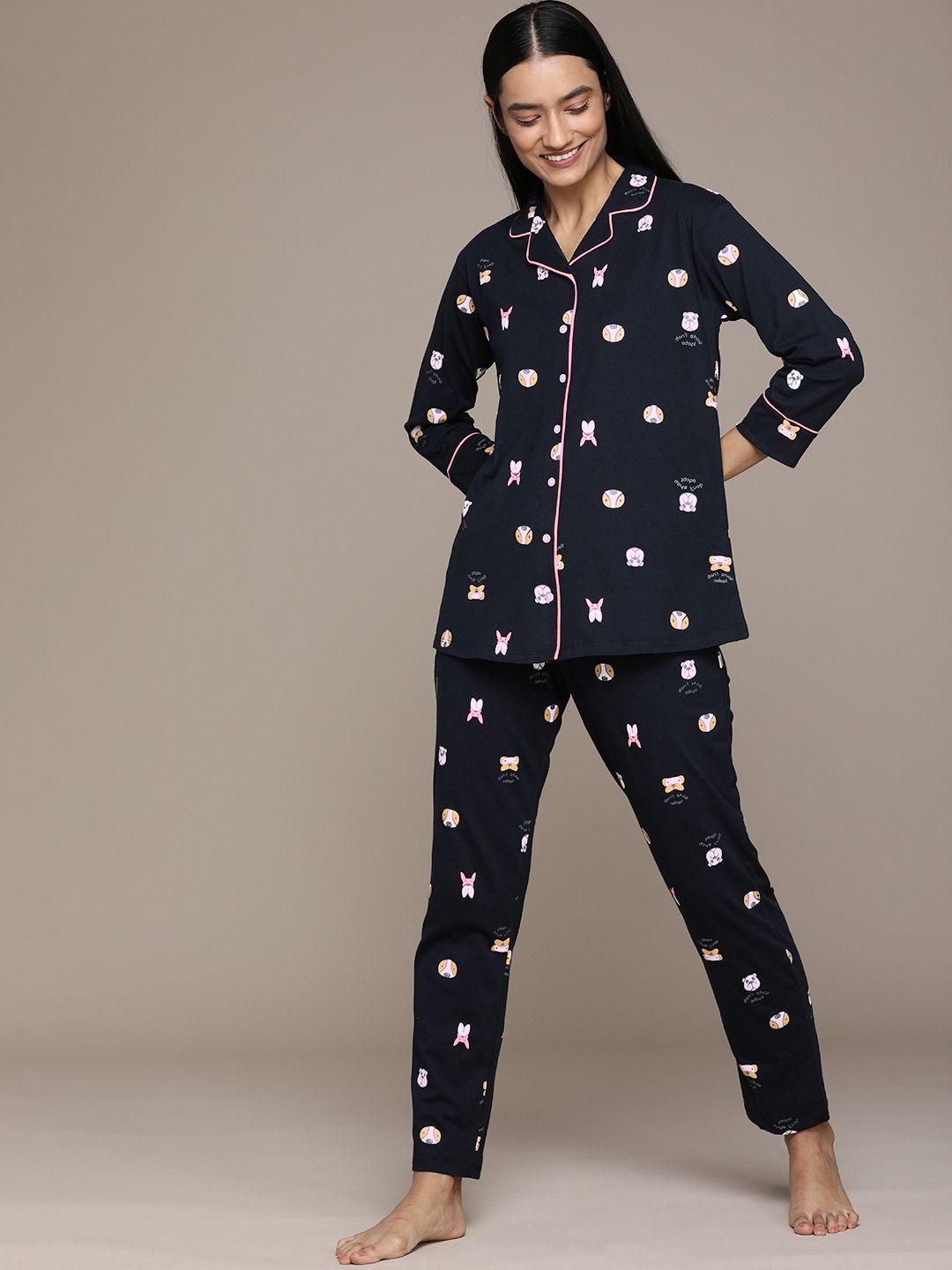 beebelle Women Navy Blue & Pink Pure Cotton Printed Night suit Price in India