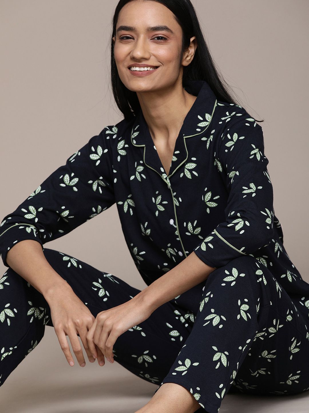 beebelle Women Navy Blue & Green Floral Printed Pure Cotton Night suit Price in India