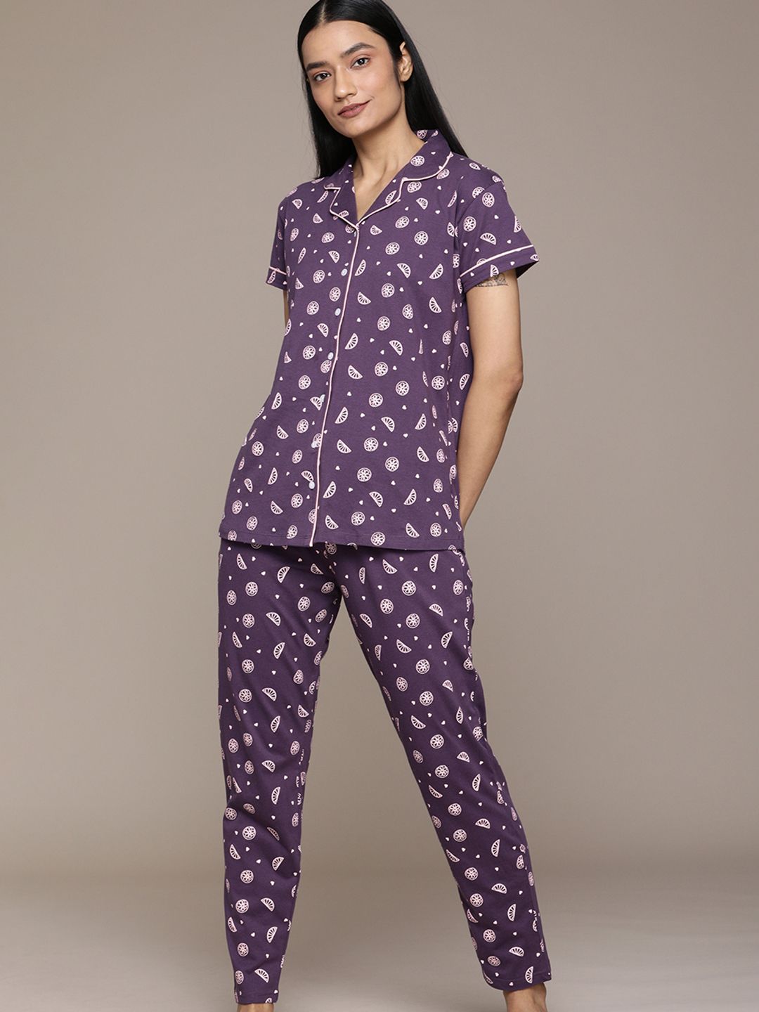 beebelle Women Purple & Pink Cotton Conversational Print Pyjama Set Price in India