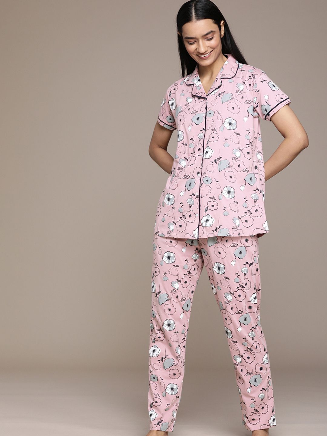 beebelle Women Pink Printed Pure Cotton Night suit Price in India