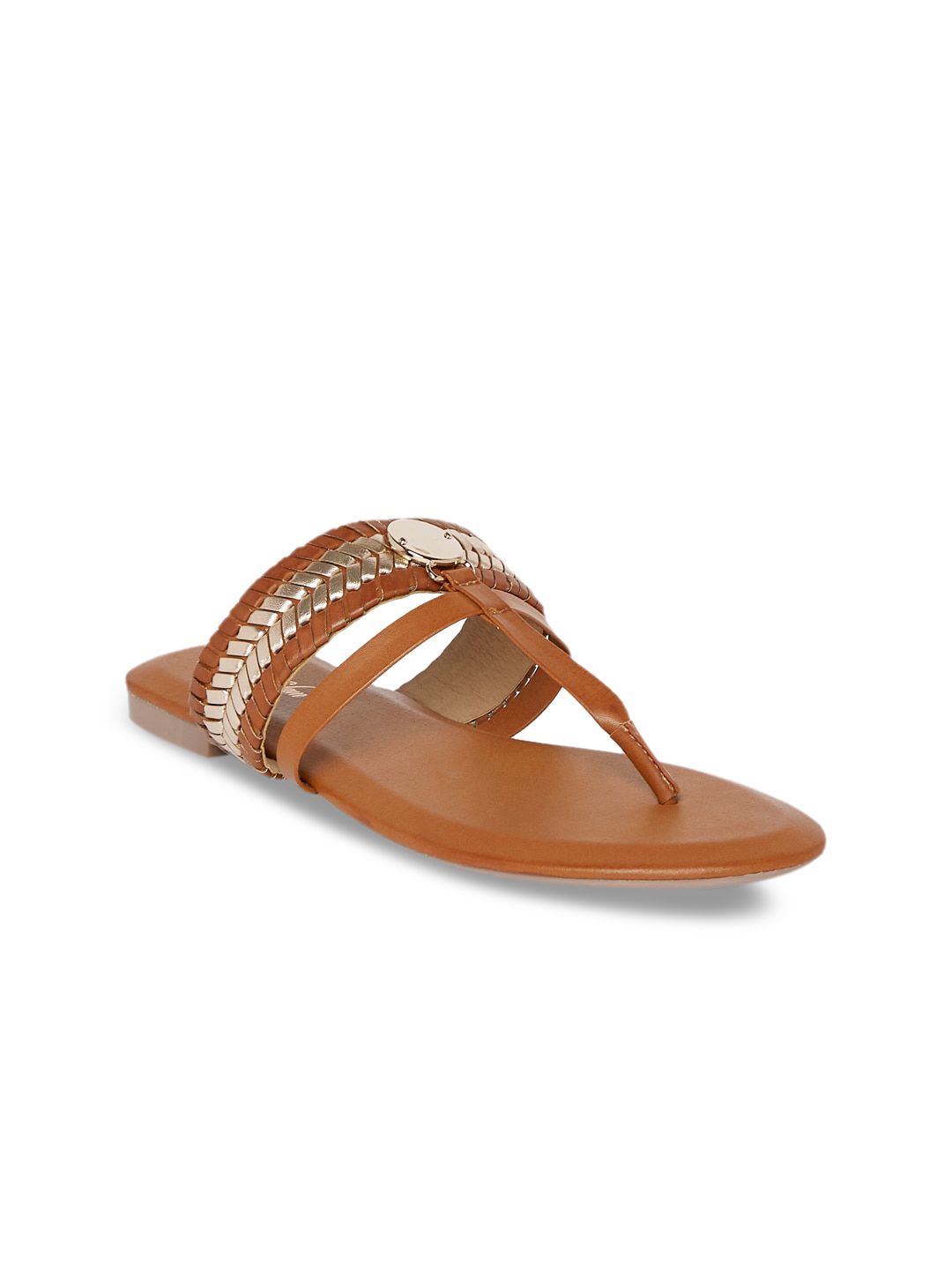 Forever Glam by Pantaloons Women Tan Embellished T-Strap Flats Price in India