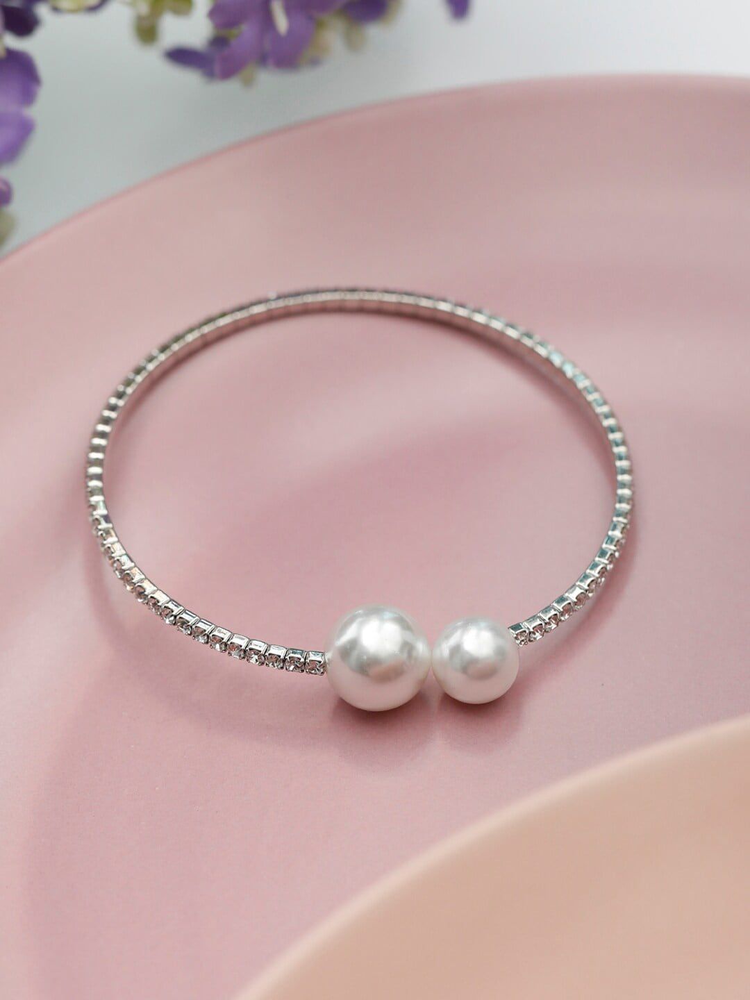 PRITA Women Silver-Toned & White AD Pearl Handcrafted Silver-Plated Bangle-Style Bracelet Price in India