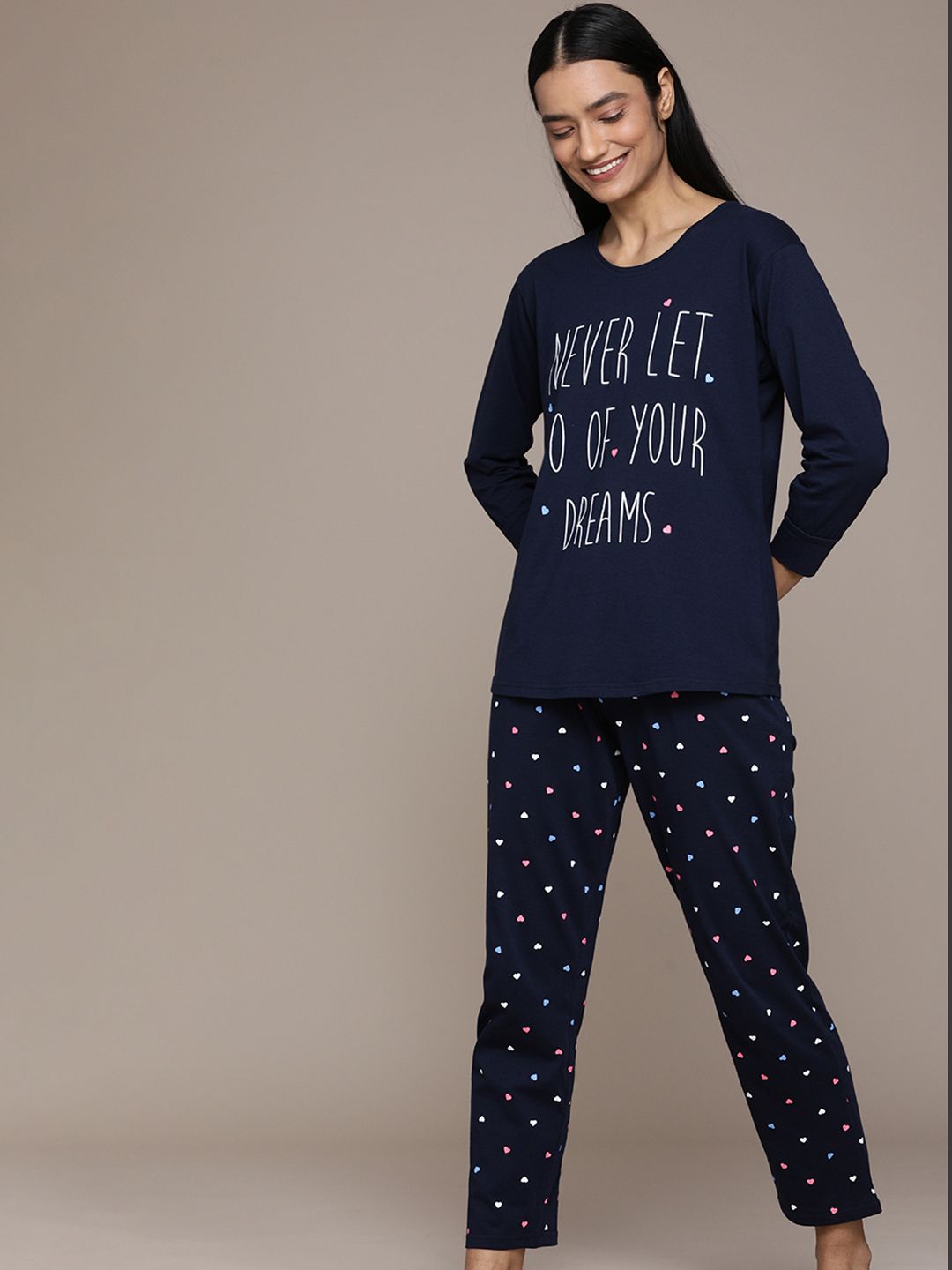beebelle Women Navy Blue Cotton Typography Print Pyjama Set Price in India
