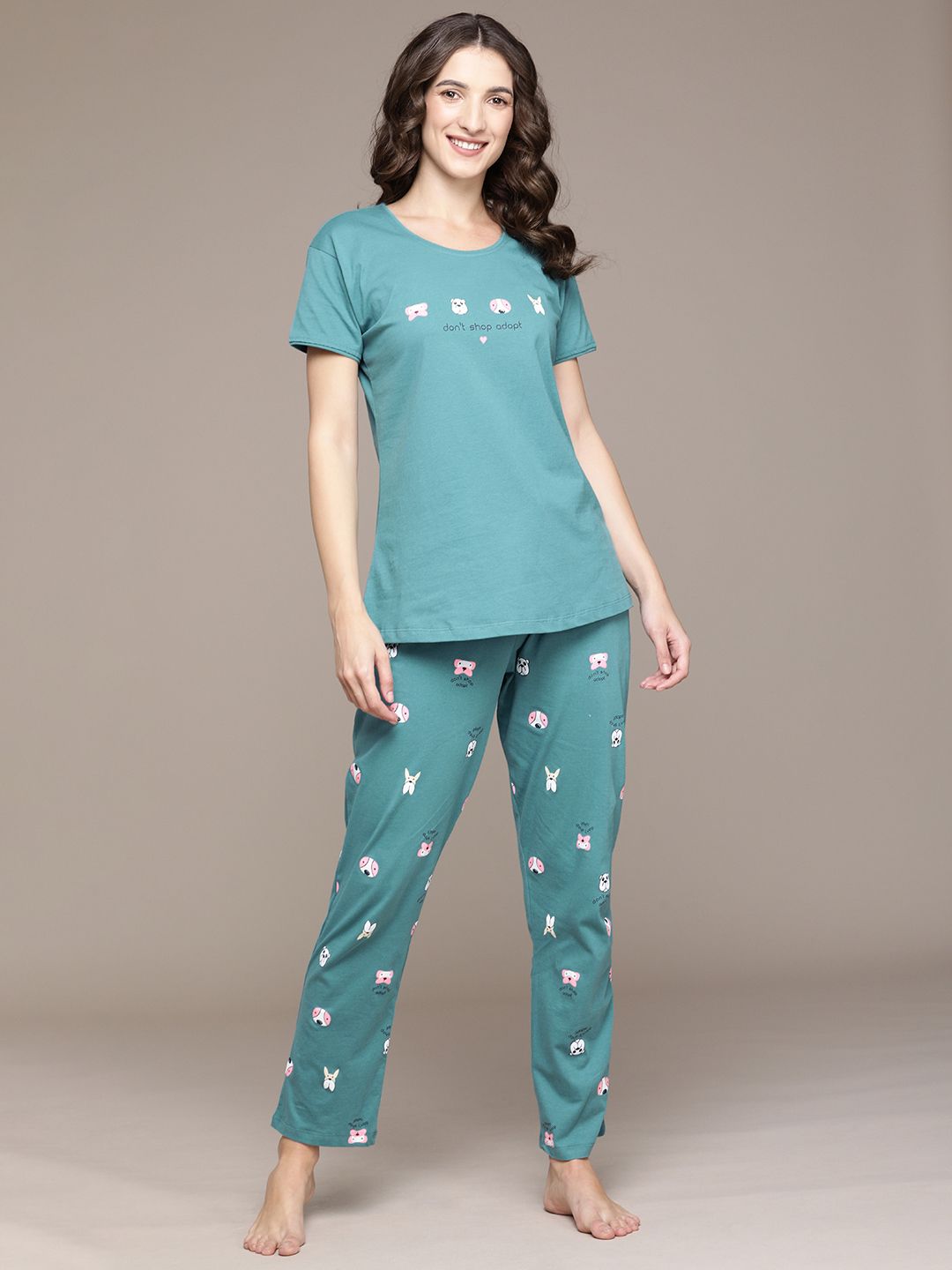 beebelle Women Sea Green Cotton Dog Print Pyjamas Set Price in India