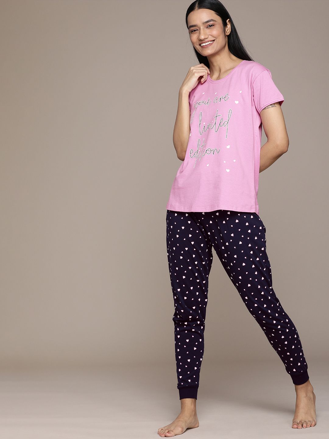 beebelle Women Pink & Navy Blue Cotton Printed Pyjama Set Price in India