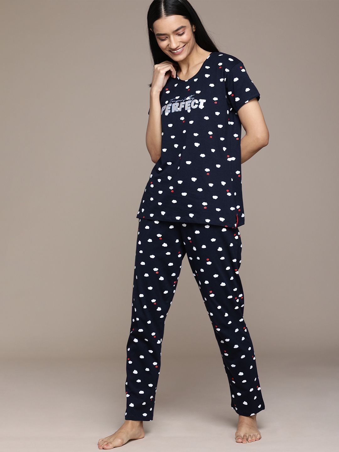 beebelle Women Navy Blue Cloud Print Pure Cotton Night suit Price in India