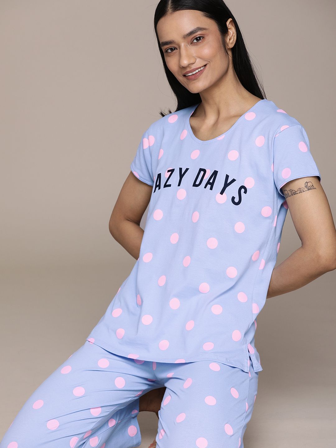 beebelle Women Blue & Pink Cotton Polka Dots Typography Print Pyjama Set Price in India