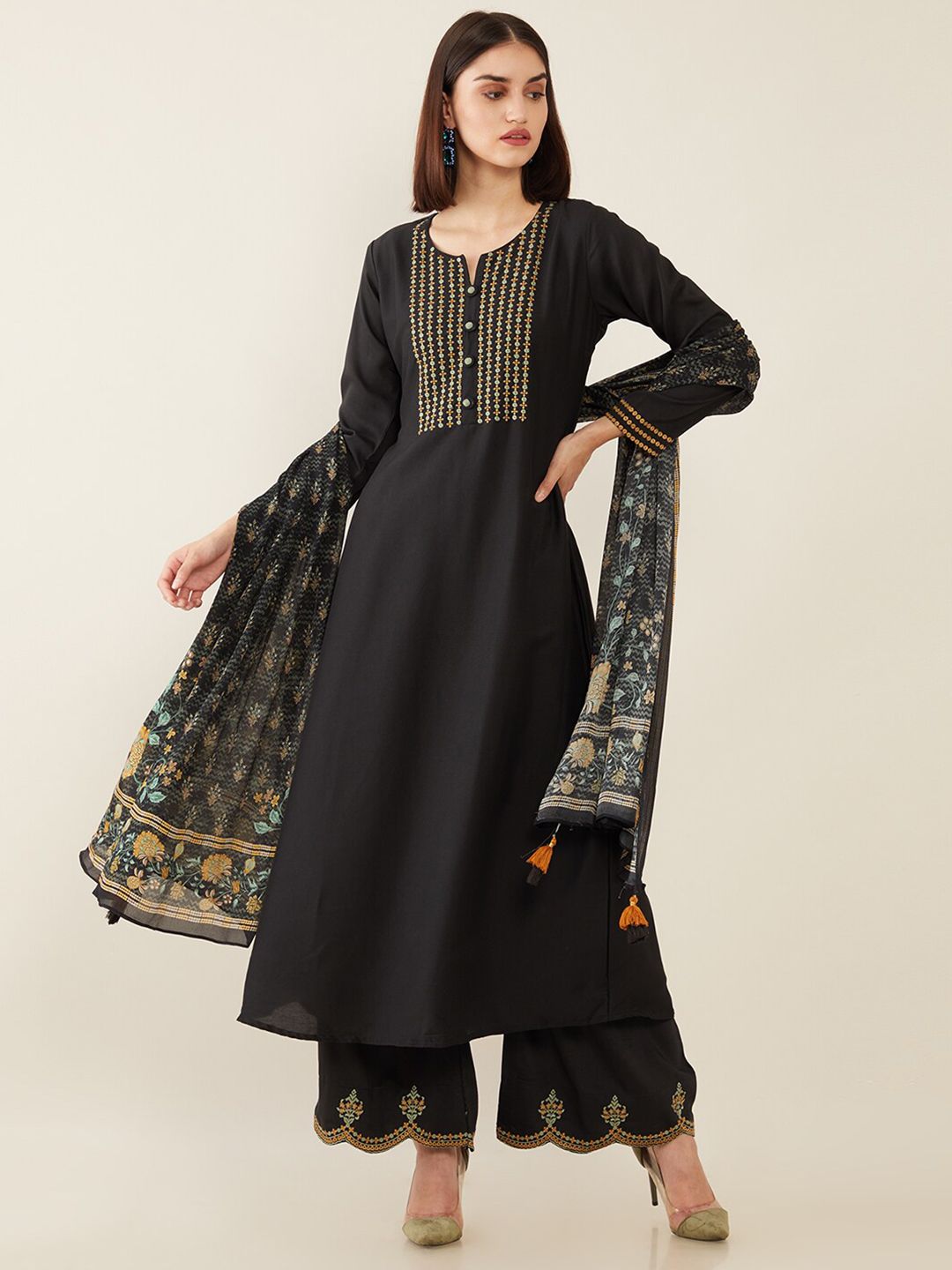 Soch Black & Orange Embroidered Unstitched Dress Material Price in India