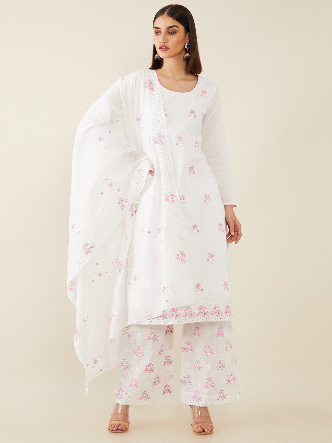 Soch White & Pink Embroidered Pure Cotton Unstitched Dress Material Price in India