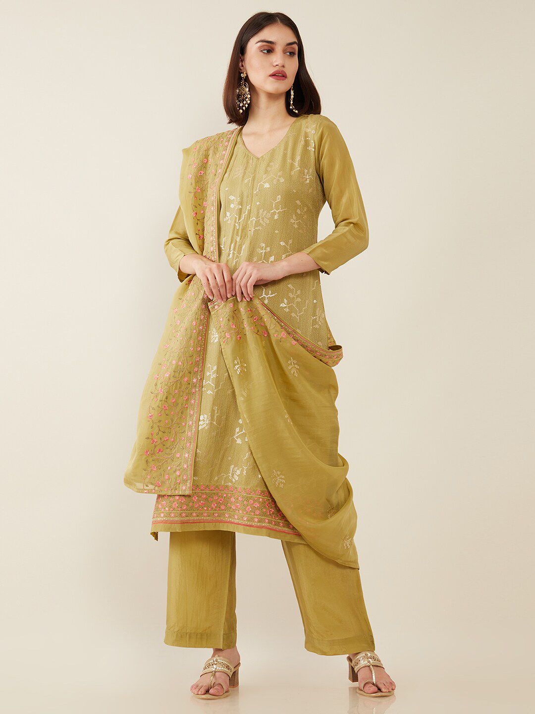 Soch Green Embroidered Unstitched Dress Material Price in India