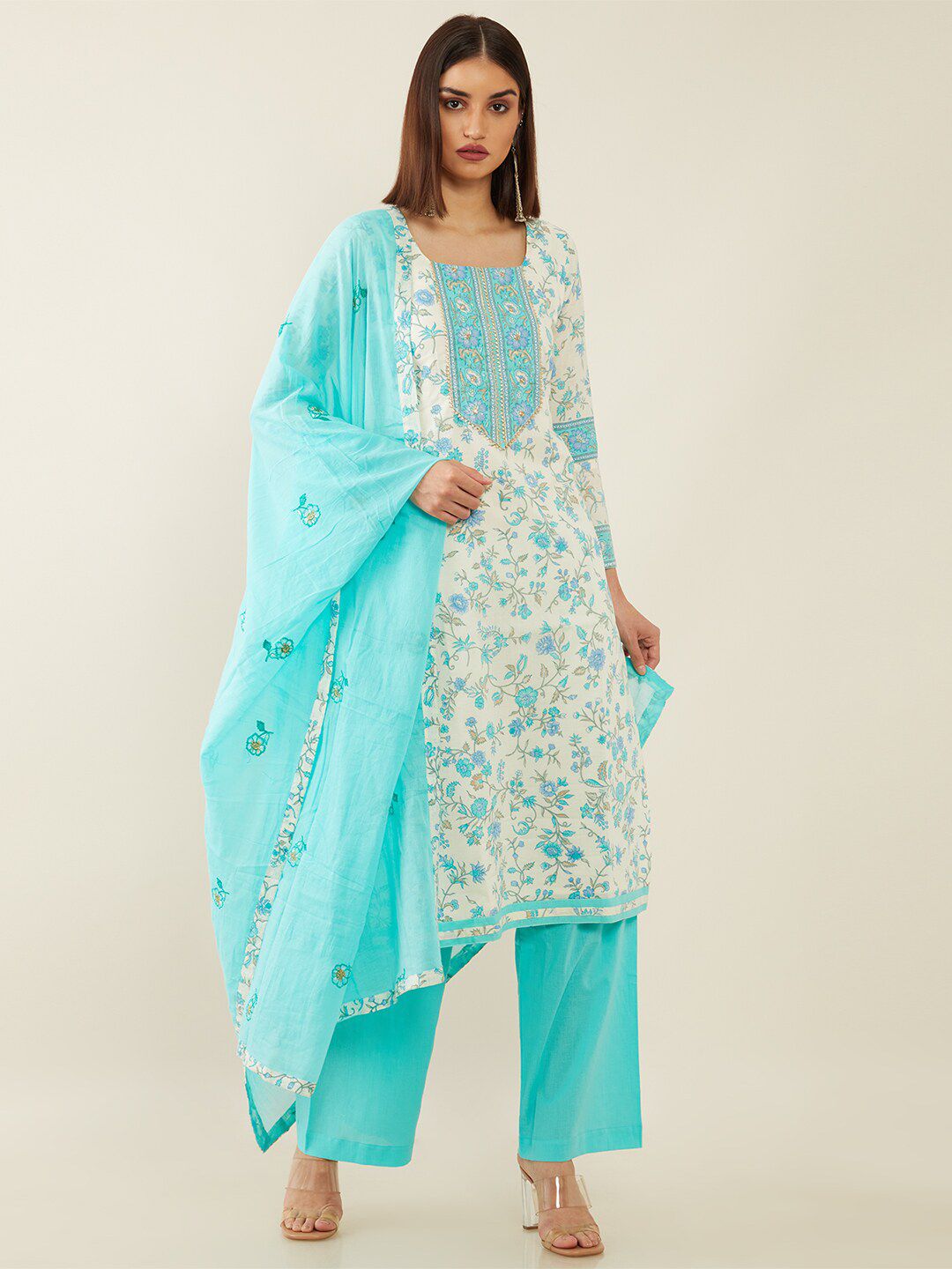 Soch Women Off White & Blue Floral Printed Pure Cotton Unstitched Dress Material