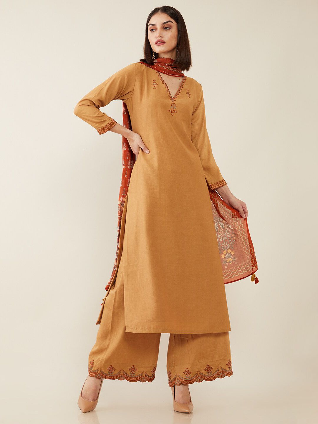 Soch Beige & Orange Embellished Unstitched Dress Material Price in India