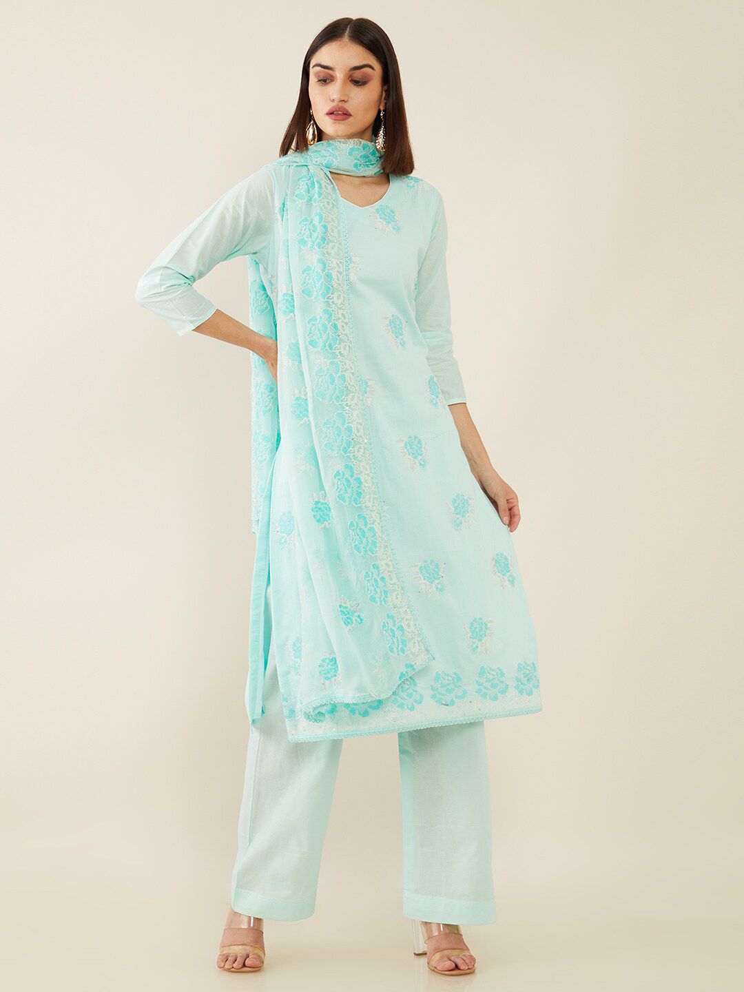 Soch Blue & White Embroidered Pure Cotton Unstitched Dress Material
