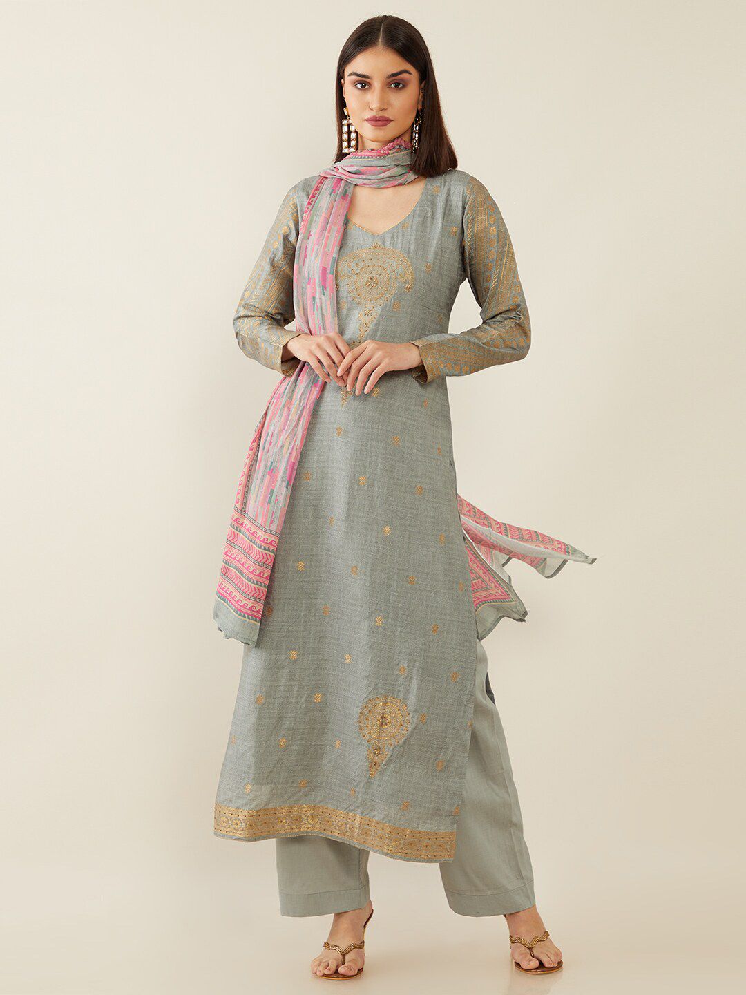 Soch Grey & Gold-Toned Embroidered Unstitched Dress Material Price in India