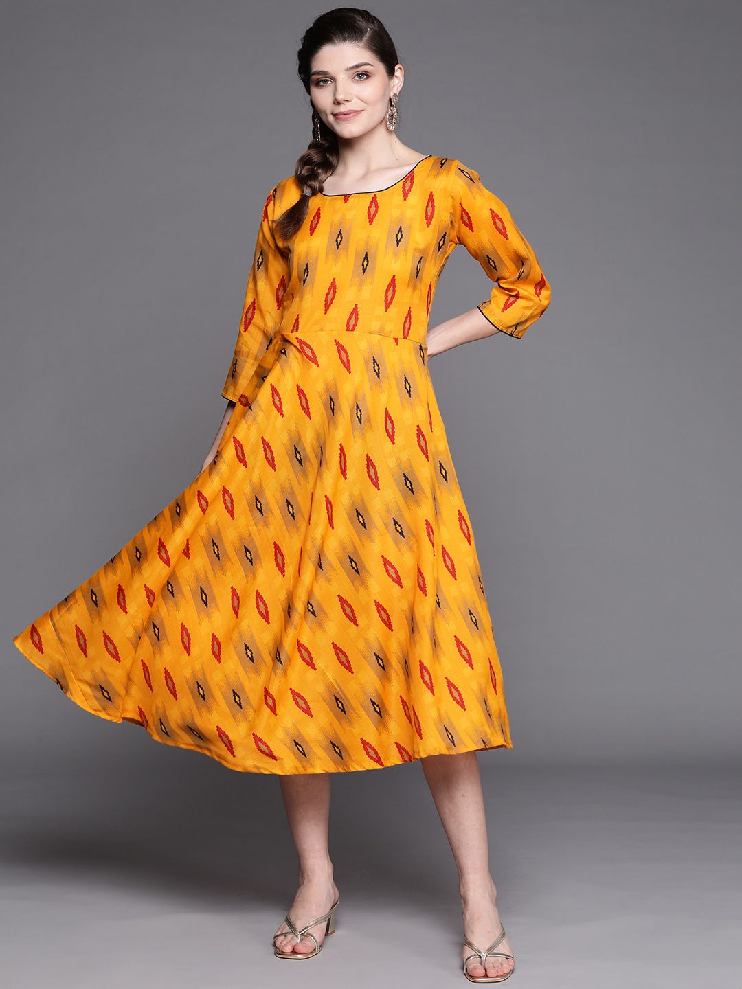 Chhabra 555 Mustard Yellow Ikat Print Made to Measure Flared Midi Dress Price in India